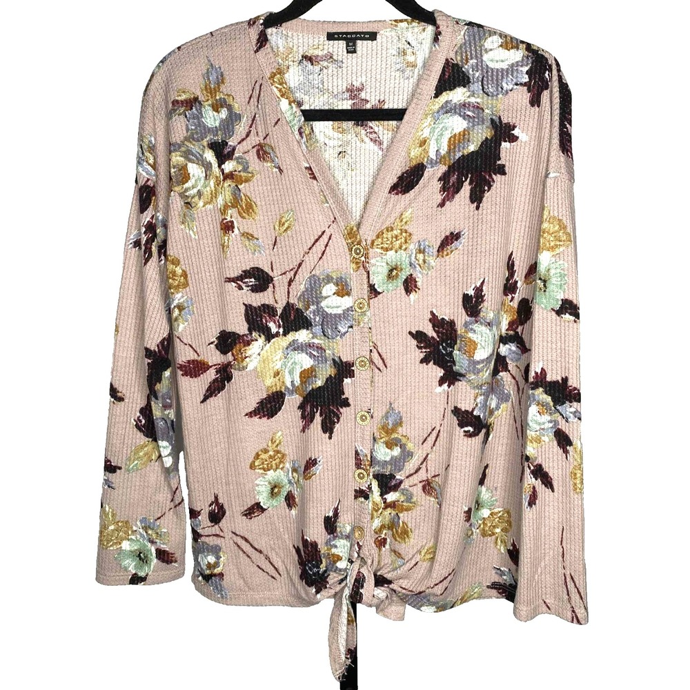 Staccato Women's Waffle Button Down Tie-Front pink floral size medium whimsigoth